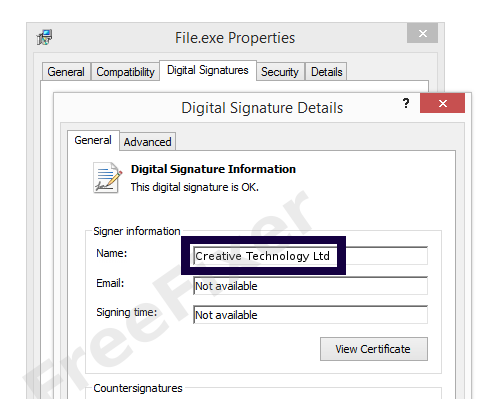 Screenshot of the Creative Technology Ltd certificate